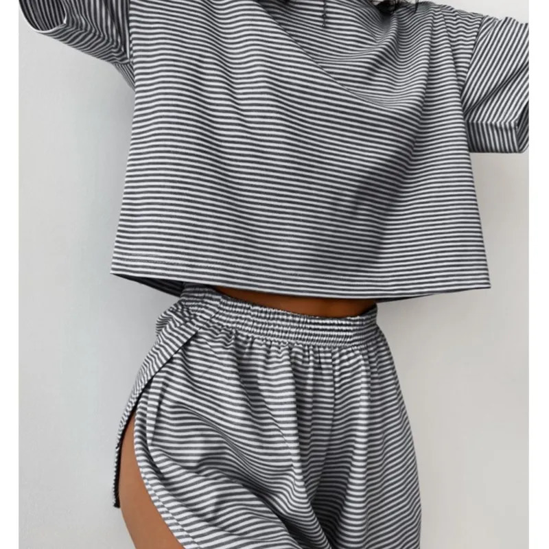 Womens Stripe Pajamas Set Short Sleeve O Neck TShirtSide Slit Shorts Sleepwear 2 Piece For Lady Home Casual Loose Outfits 260306