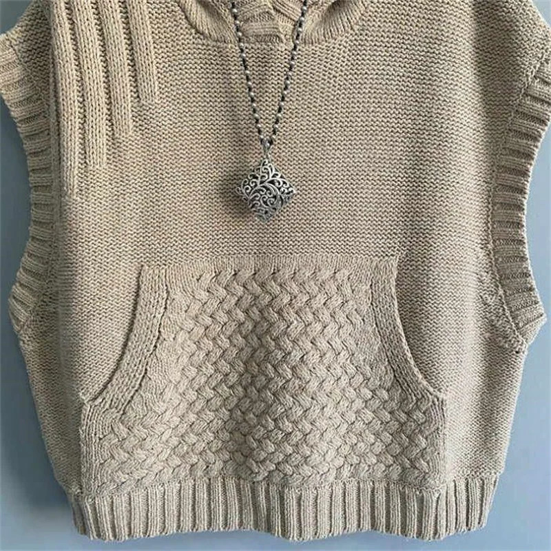 Autumn Winter Sleeveless Age Reduction Ladies knitted Sweater Vest Jacket Hooded Leisure Solid Color Womens Waistcoat Top 260306