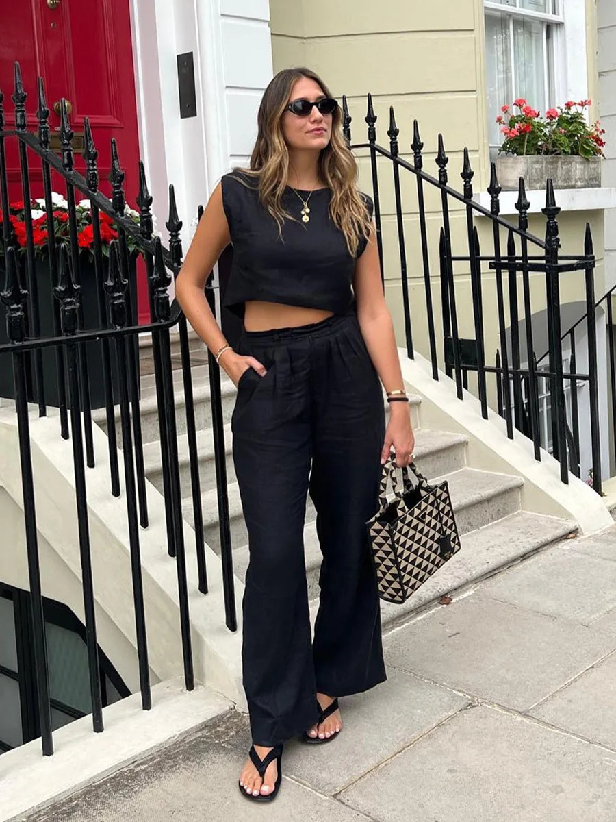 Bornladies Cotton Linen Vest Pants Set Womens Summer Office Lady Chic Short Vest Casual 2-Piece Set Female Long Pants Suits 260304