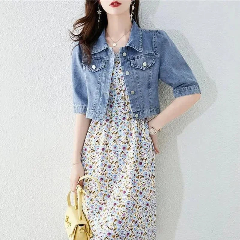 Vintage Crops Trendy Turn Down Collar Jackets Women Basic Solid Outwear Half Sleeve Denim Fit Harajuku Street Denim Jacket Women 260306
