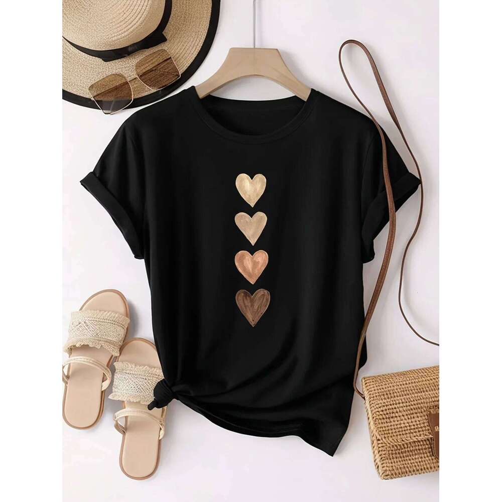 Women's Casual Short Sleeve with Four Heart Graphic Print - Black & Golden Medium Stretch Round Neck Novelty T-Shirt XJ260306