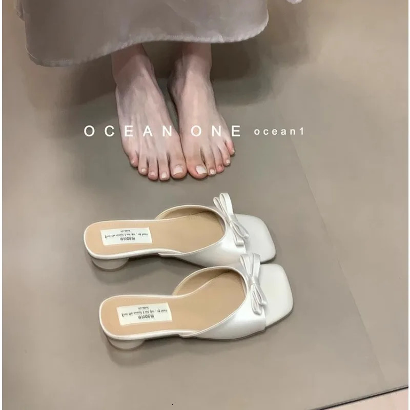 Slipper Mules Low High Heels Shoes Summer Street Look Females Square Head Open Toe Bow Strappy Sandals Women 260306
