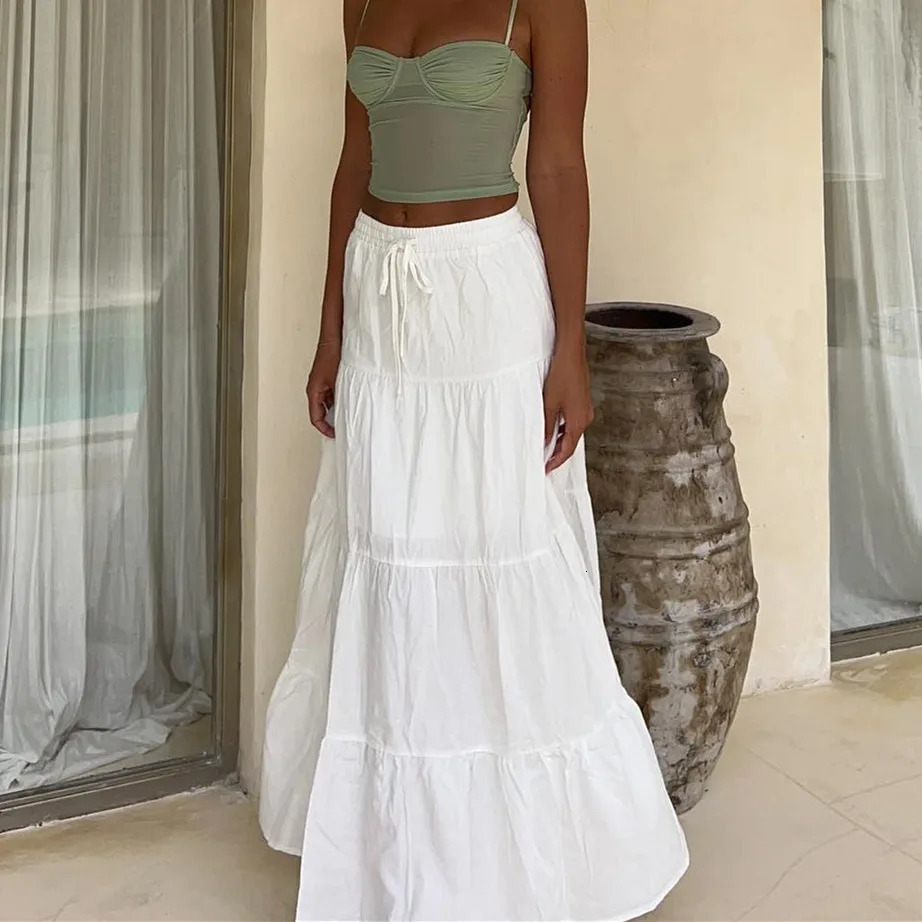 Women Boho Long Skirt Y2k Elastic High Waist Ruffle Pleated Swing Maxi Skirt Casual Tiered Prairie Flowy Aline Skirt 260306