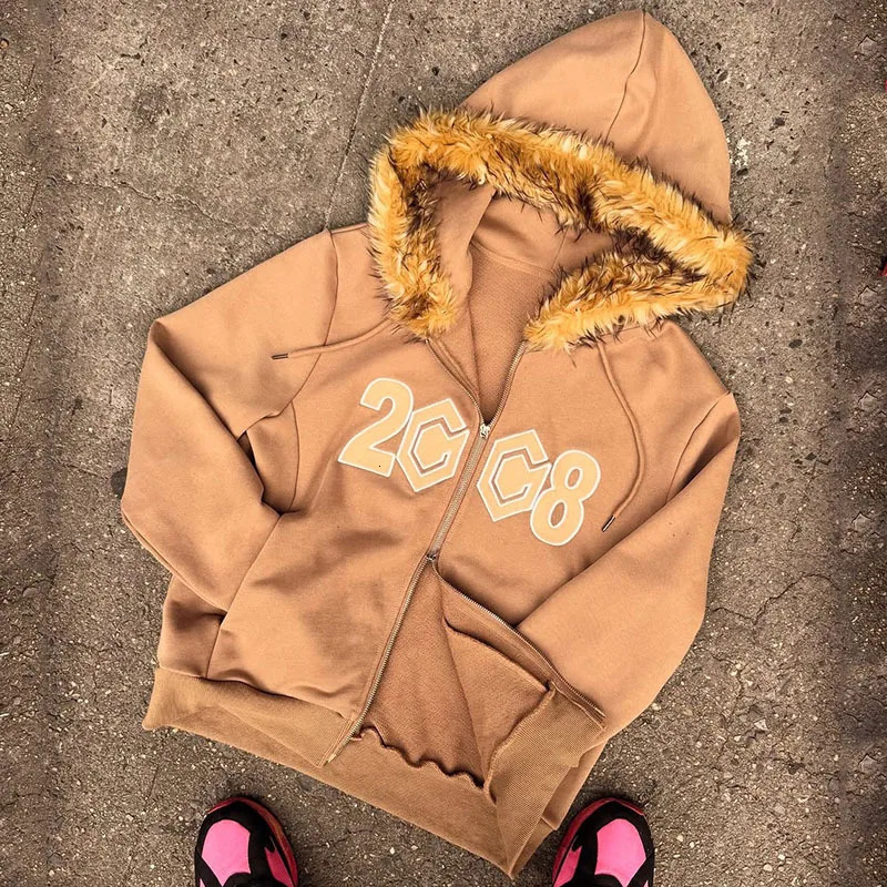 2026 Autumn Winter Hip Hop Streetwear Hoodie Digital Print Fleece Collar Cardigan Zip Up Casual Warm Coat 260228