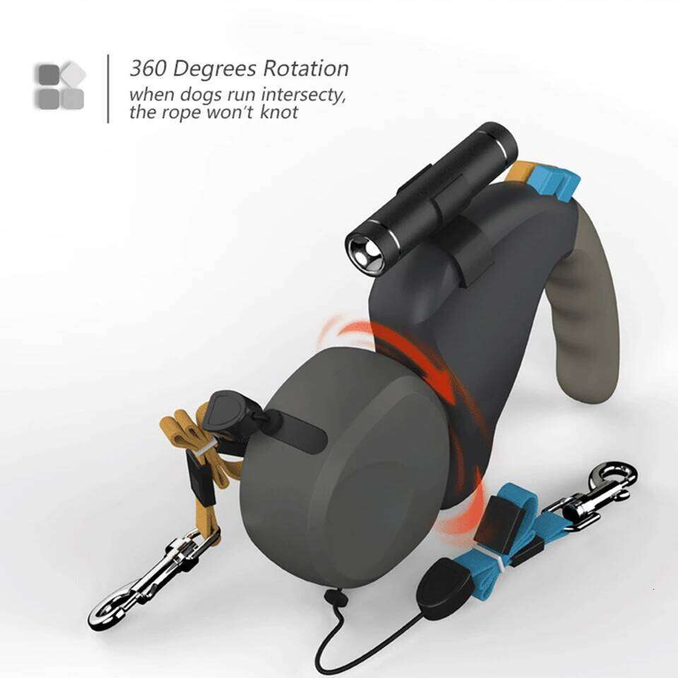 For 2 Dogs Walking Traction Belt Retractable Adjustable Double With Light Dual Dog Leash Rotation Pet Rope Bamubi