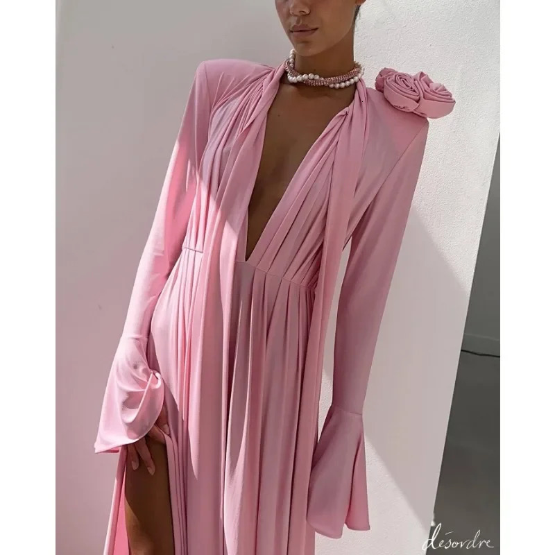 Elegant Y2K Fashion Long Flare Sleeve V Neck Floral Slit Party Evening Dress Robe Vintage Women Folds 260306