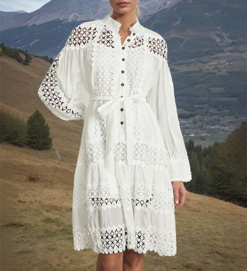 2026 Spring and Autumn Season European a3 and American Niche Lace Hollow Design Loose and Simple Solid Color Shirt Dress