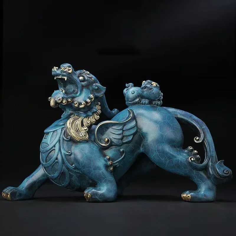 Chinese Blue Copper Pi Xiu Sculpture Feng Shui Decor for Home Office WealthT260307