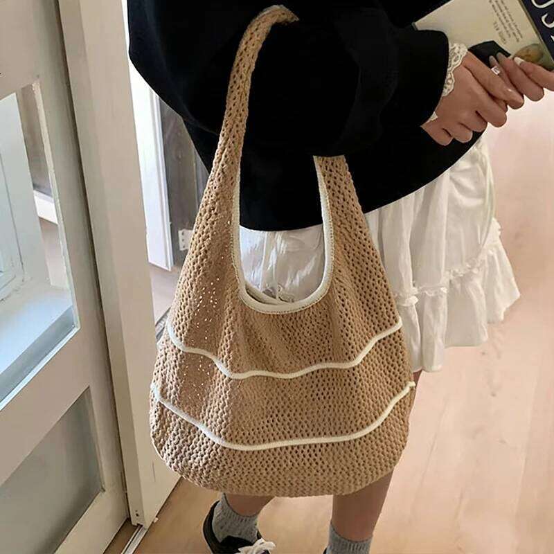 Trendy Bohemian Knitted Shoulder Hollowed Out Sweet Crochet Tote Large Capacity Spacious Sundries Storage Bag Vacation XJ260306