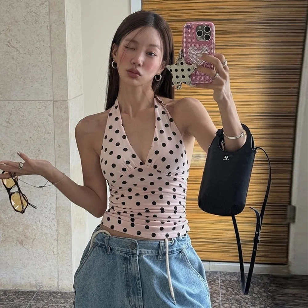 SylCue Polka Dots Tank Tops Women Sexy Low-Neck Off Shoulders Backless Street Fashion Versatile Style Ruched Elegant Outfits 260306