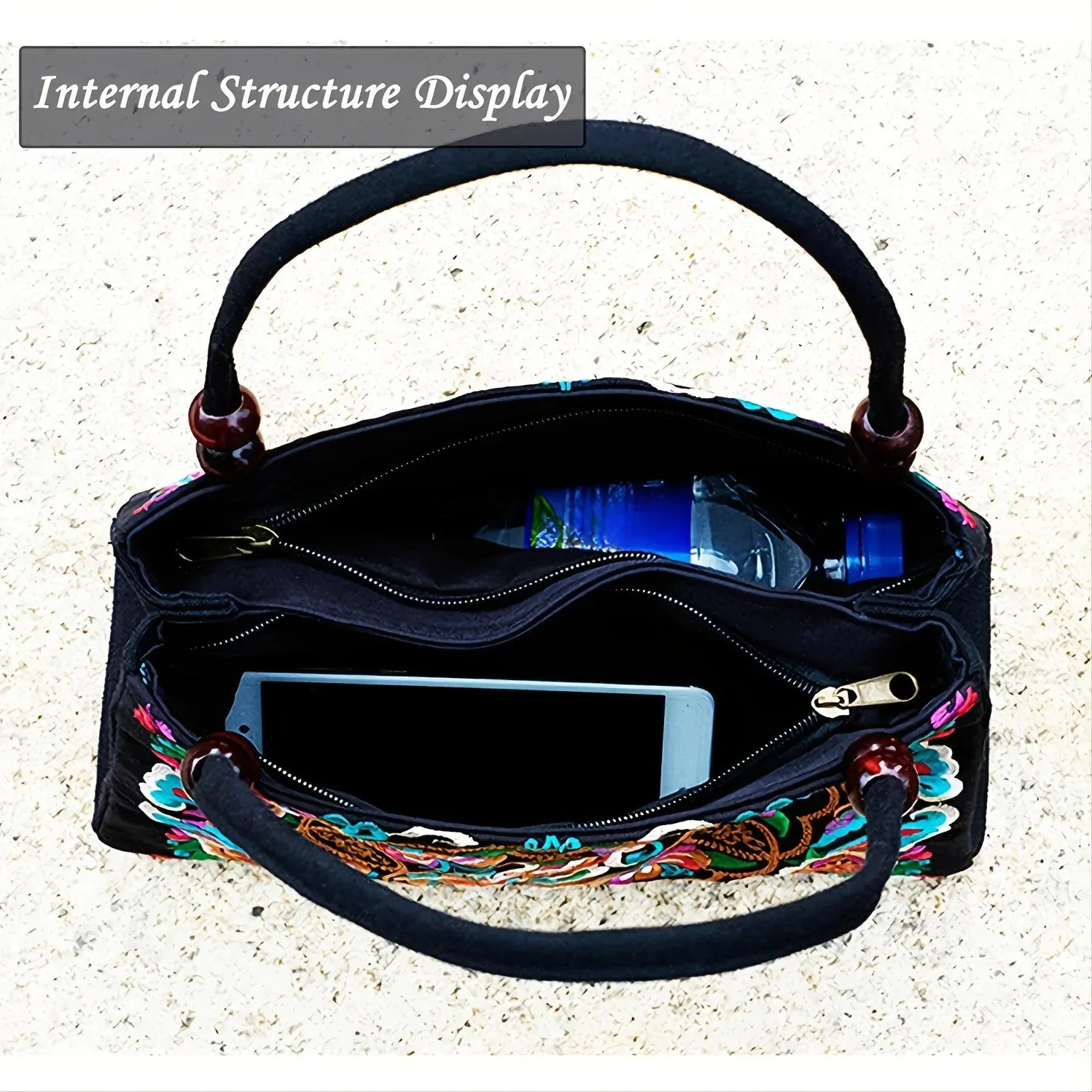 Stylish Floral Embroidered Handbag Trendy Zipper Canvas Bag Womens Fashion Purses 260306