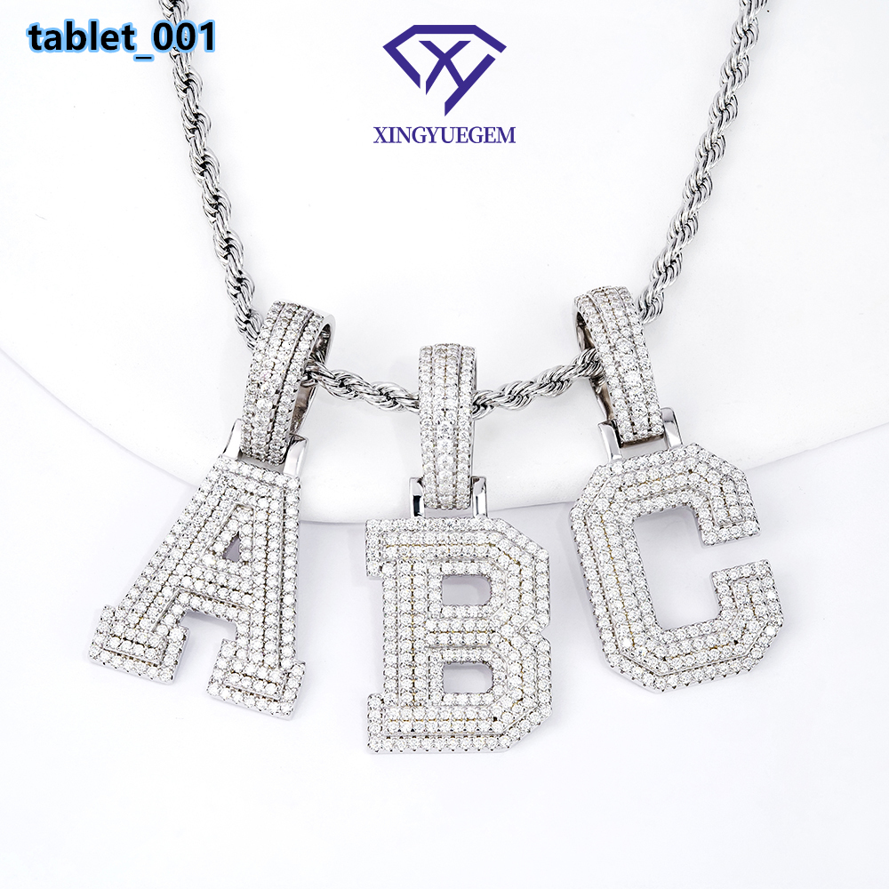 Custom Wholesale Men Hip Hop Jewelry 925 Sterling Silver Iced Out Mossanite Moissanite Necklace Chain A-z Initial Letter Pendant