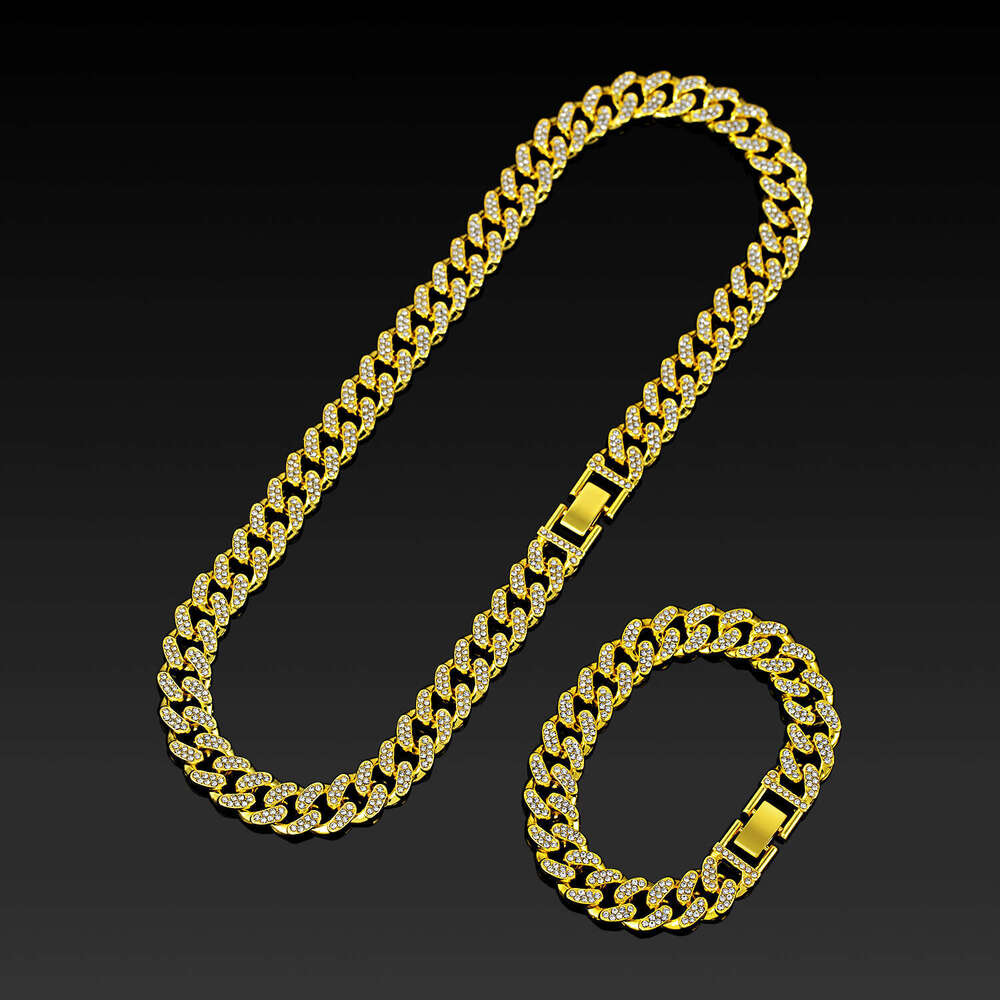 13mm Watch Buckle Full Diamond Cuban Necklace Rhinestones High-Quality Electroplating Cross-Border Men and Women Hip-Hop Jewelry Wholesale