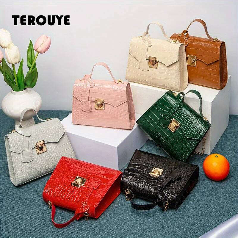 Chic Crocodile-Embossed Mini Handbag Solid Color Twist Lock Closure Handbags Tote Bag For Women Purse TEROUYE