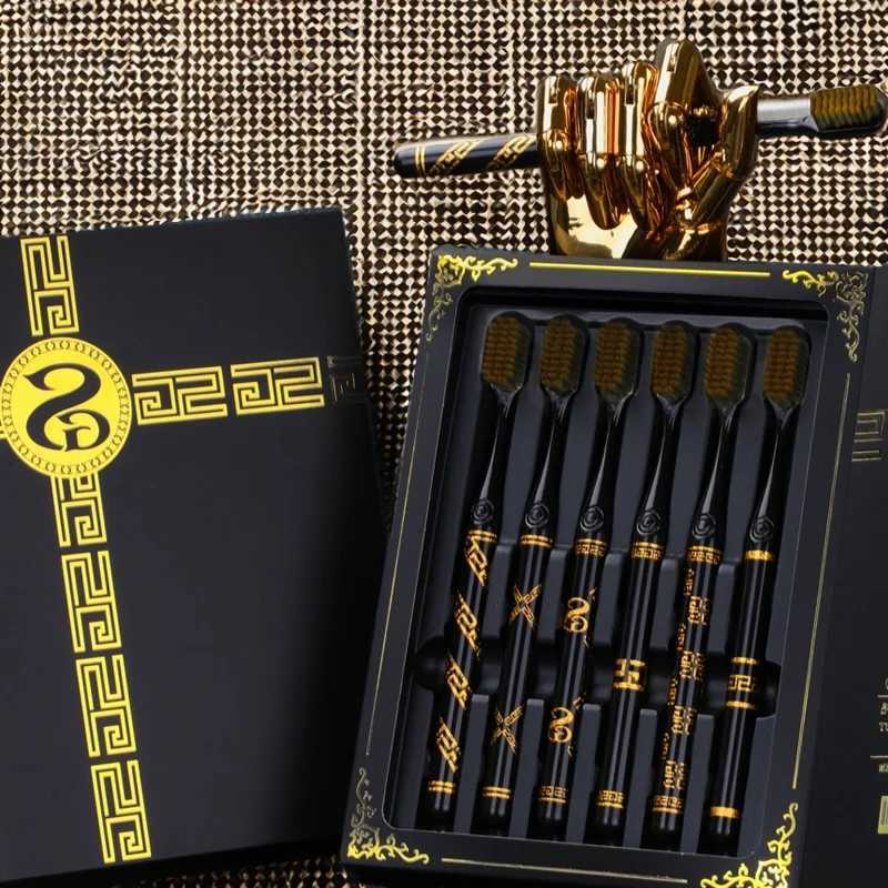 This 6-piece fashionable black and gold toothbrush gift box set with soft bristles is ideal for adult home teeth cleaning and oral care.T260307