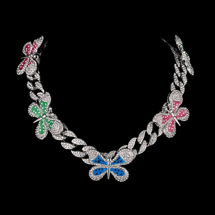 High-Quality European and American INS Jewelry Full Diamond Oil Drop Butterfly Cuban Hip-Hop Necklace Collarbone Chain for Women Wholesale