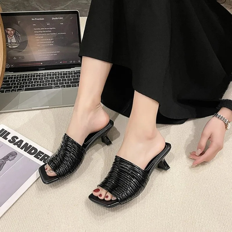 Square Toe Stiletto Sandals for Women Summer Shiny Solid Color High Heels Casual Half Slippers Shoes for Women Sandals 260306