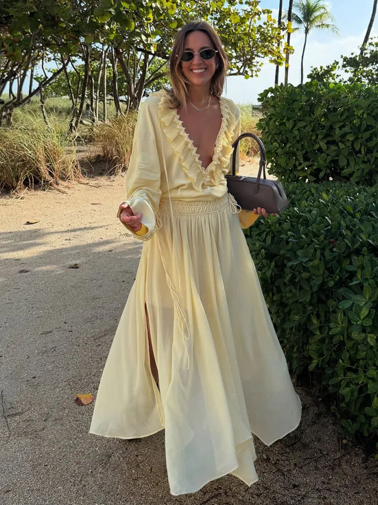 HH Female Elegant Sets Light Yellow VNeck Long Sleeves Tierred Decoration LaceUp ShirtsHigh Waist Skirt Women Suits 260306