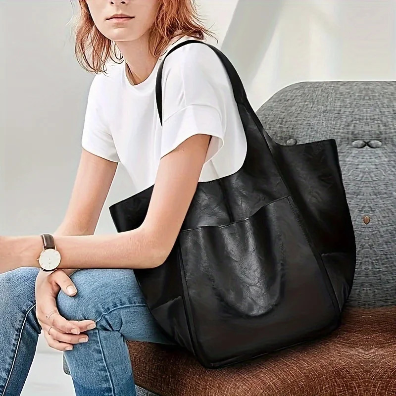 Retro Minimalist Tote Bag Large Capacity Shopping Bag Fashion PU Leather Soft Leather Shoulder Bag 260306