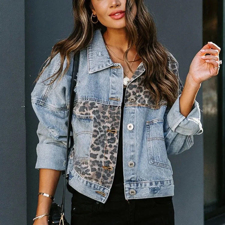 Spring Denim Jacket Women Long-sleeved Denim Jacket Female Leopard Stitching Female Tops 260303