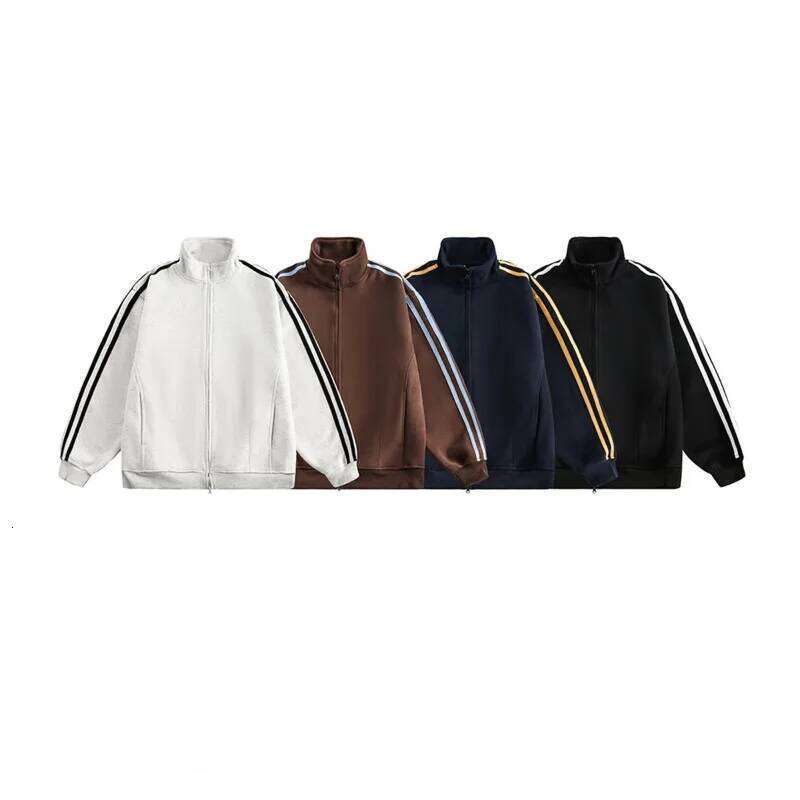 American Retro Three Bar Stand Up Collar Men's Autumn Trendy Brand Loose Double Headed Zipper Jacket Couple Cardigan