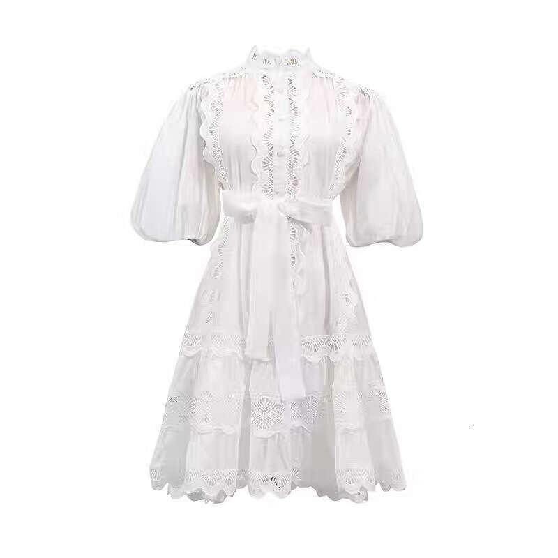 2026 Spring and Autumn Season European and American Minority Ladies Elegant Design Lace Bordered a3 Lantern Sleeves Solid Color Loose Tie Skirt