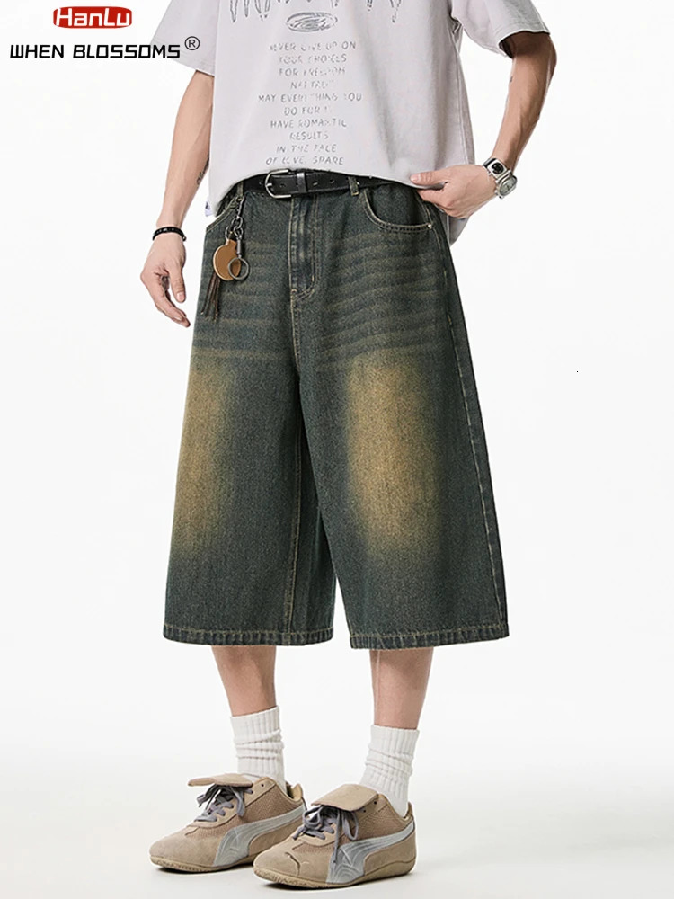 Summer Mens Wide Leg Jeans Shorts Vintage Distressed Wash Y2K Straight Elastic Waist Loose Casual Relaxed Fit 260306