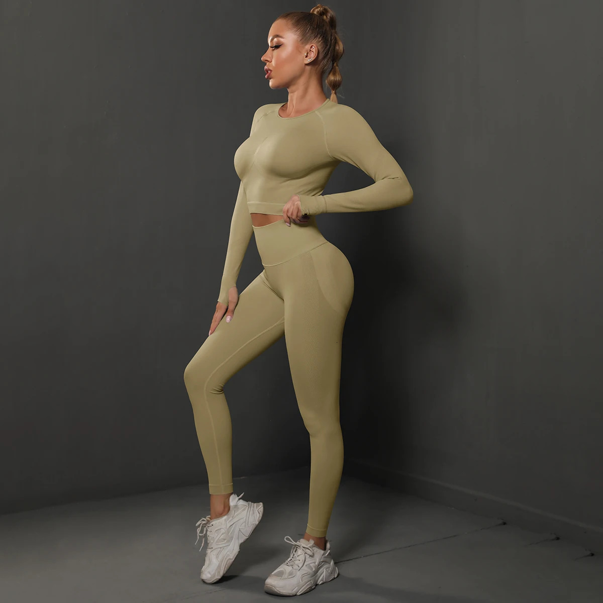 2Pcs Women Sets Energy Seamless Gym Suits Bubble Butt Sports PantsLong Sleeve Shirts Push Up Running Tracksuits Tights Set 260306