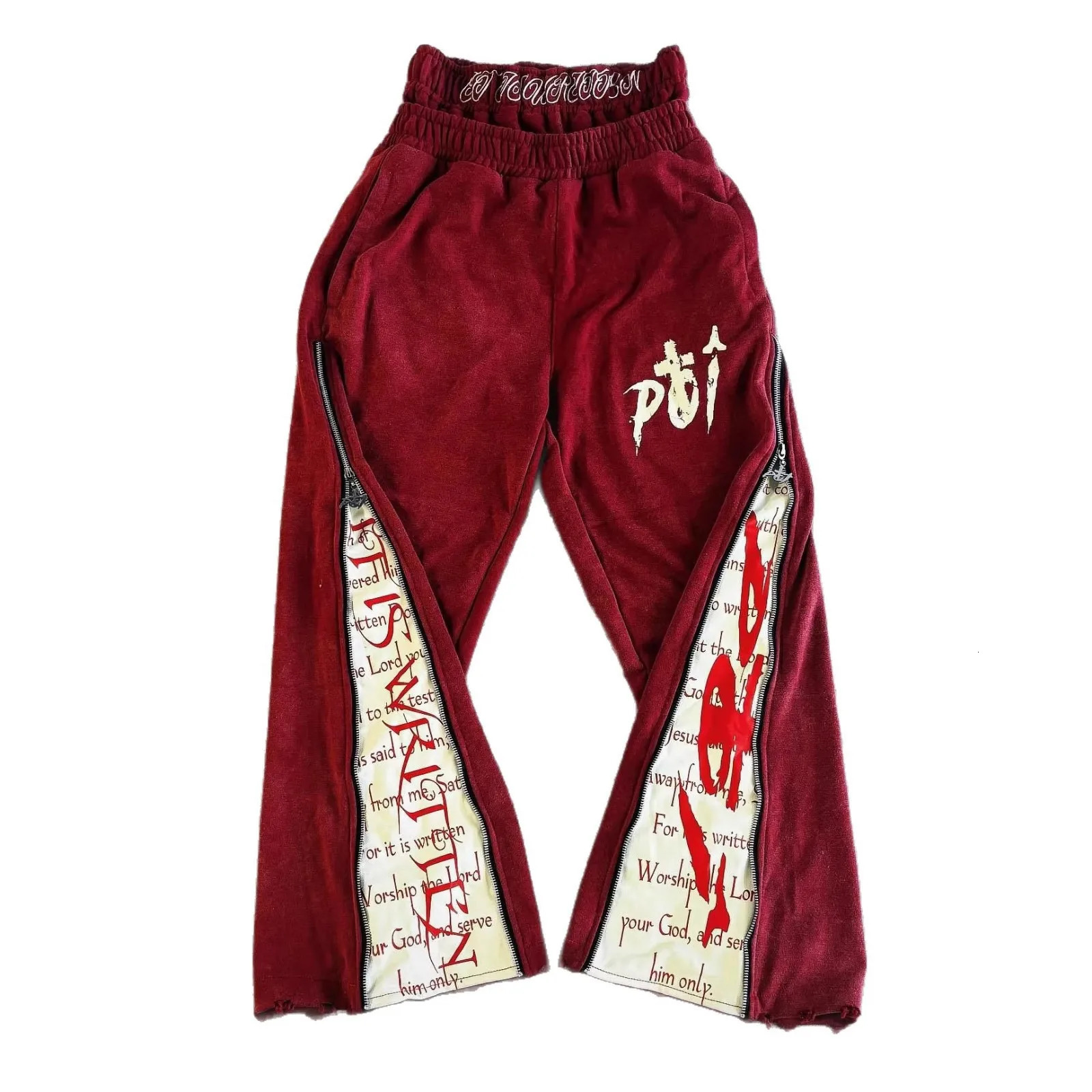Y2K E-Girl Burgundy Washed Pants Women Side Zipper Gothic Religious Print Distressed Wide Leg Joggers 2026 260304