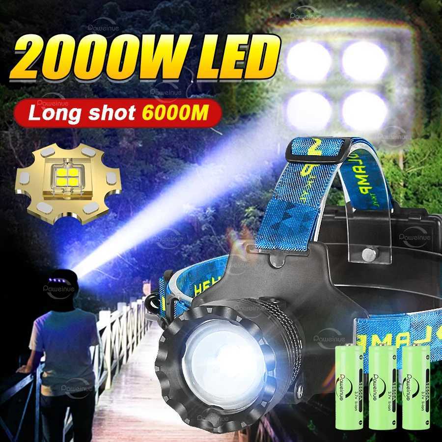 2000W Most Powerful LED Headlamp Super Bright Waterproof Head Flashlight Long Range 6000M Tactical Head Torch Fishing Headlight H260307