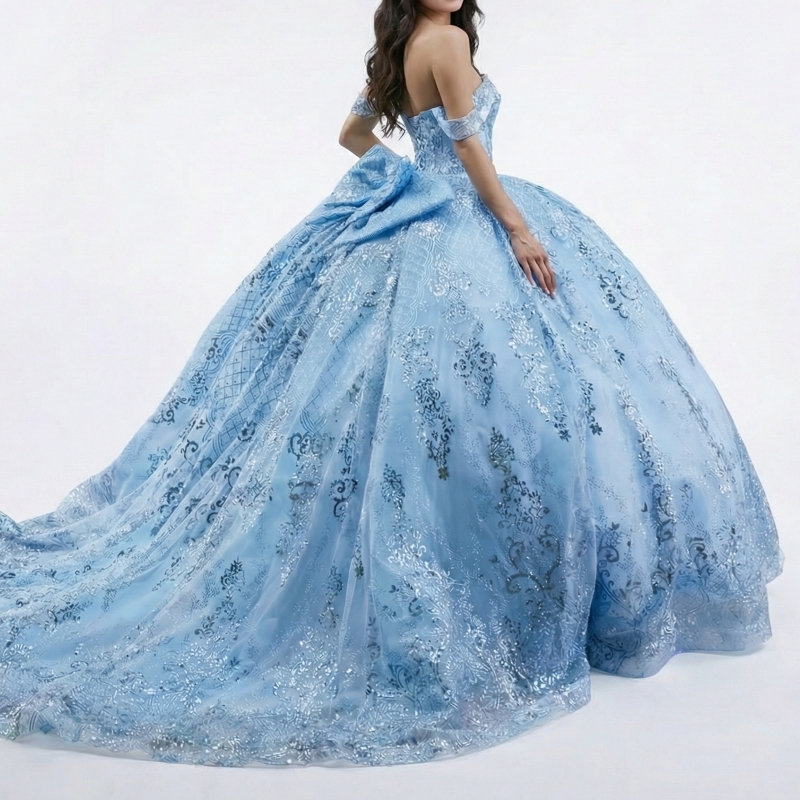 Light Blue Shiny Quinceanera Dresses Ball Gown Off The Shoulder Sequin Applique Lace Beading Crystal Bow Tull Corset Party Birthday Sweet 16 Dress Ves