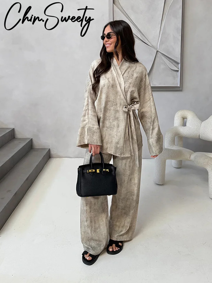 Vintage Cotton Linen Shirt Pant Suit Women Loose V Neck Lace Up Long Sleeves Blouse Wide Leg Pant 2026 Spring Autumn Lady Sets 260304