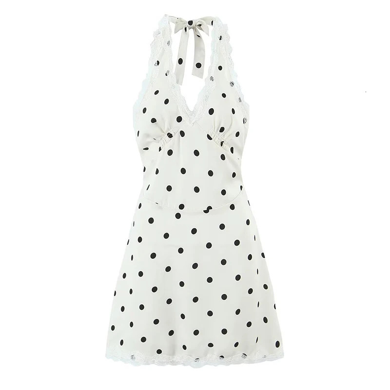 YENKYE Lace Spliced Polka Dot Halter Dress Women Elegant A-line Mini Sexy Backless Dresses Summer Robe 260306
