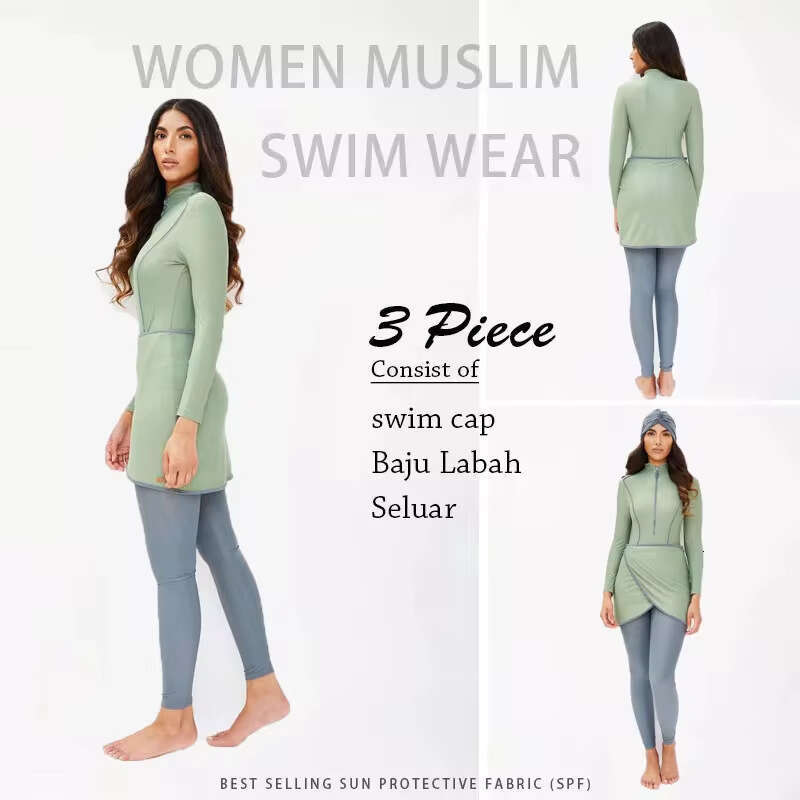 3PCS/Set Plain Muslim Modest Swimwear Women Muslim Swimsuit Burkini Long Sleeve Islamic Big Full Cover Hijab Beach Clothing