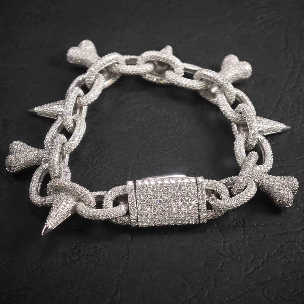 20MM Silver Heart Bone Spike Iced Out Chain Bracelet Punk Rivet Choker Bling Moissanite Mens Hip Hop Necklace Jewelry Party
