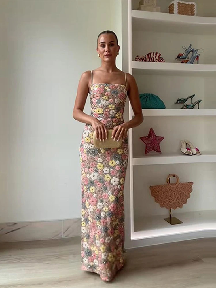 Fashion Sequin Flowers Sling Long Dress Women Sleeveless Backless Slim Maxi Dresses Colorful Floral Evening Party Robes 260306