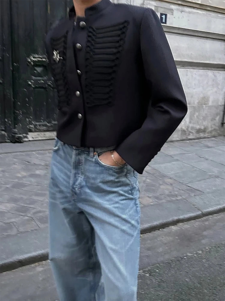 Chic Denim Military Jacket Women Casual Solid Stand Collar Single Breasted Slim Short Coats Spring Lady Daily Street Outfit 2026 260303