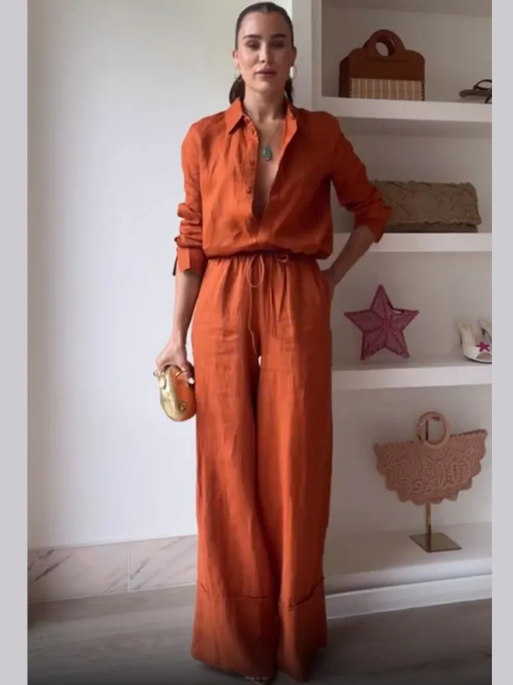 Cotton Linen Womens Pant Set Casual Loose Solid Buttons Shirt Pants Outfit Summer Lady Daily Chic Trousers Suit 260306