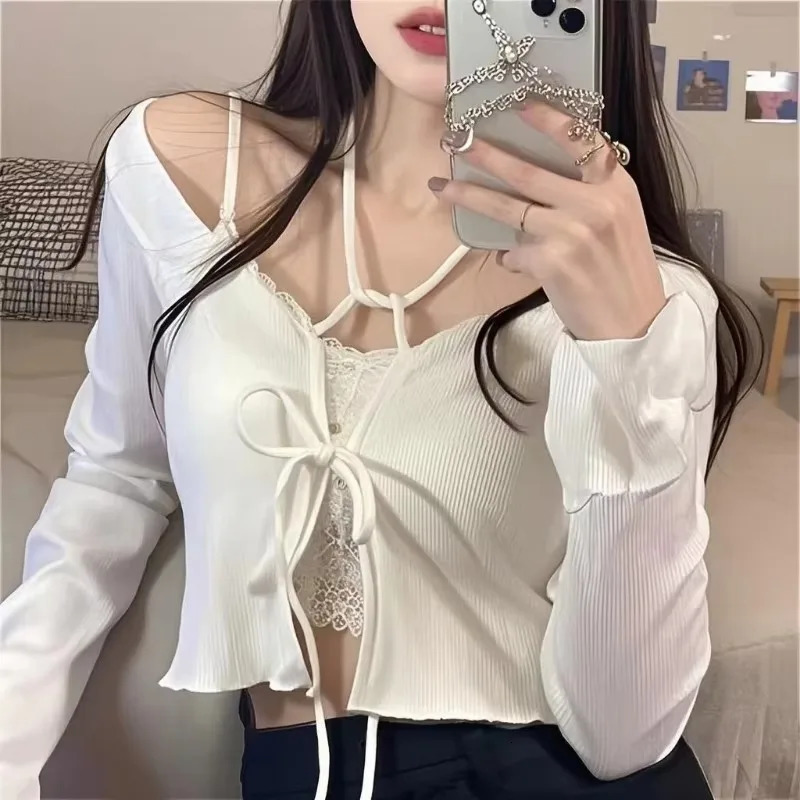 White Knitted Cardigan Women Summer Thin Sunscreen LaceUp Knitwear Tops Female Korean Style Flare Sleeve Short Lovely Coat 260306