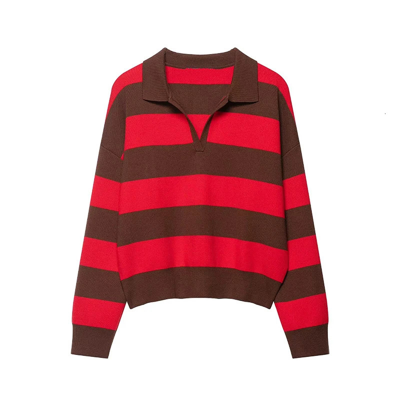 Womens Fashion Striped knitted Sweater Autumn Winter Polo Collar Long Sleeves Pullover Vintage Female Chic Tops 260306