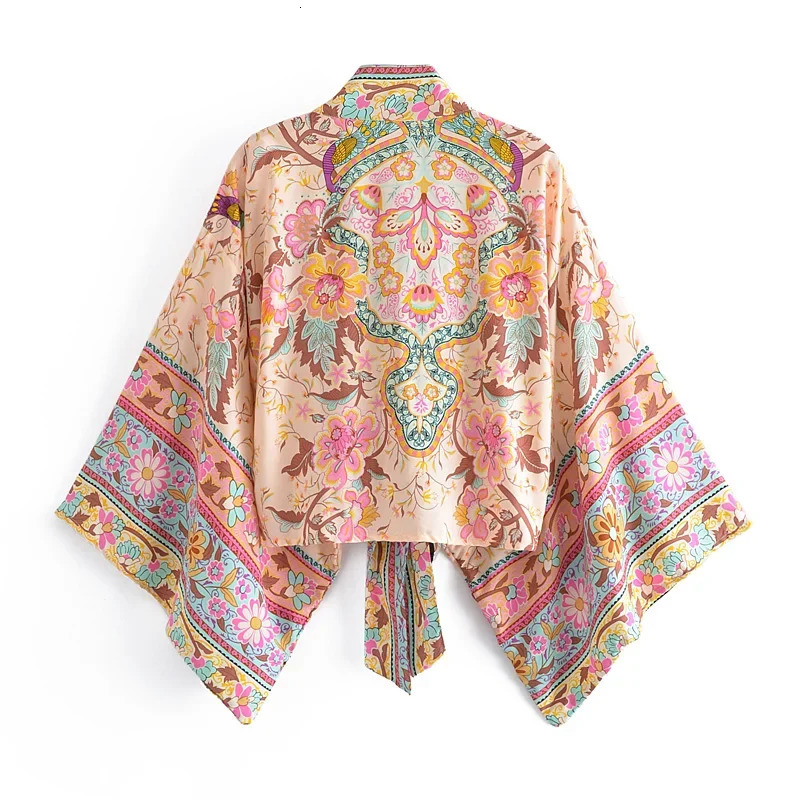 Boho Queens Vintage Floral Print Sashes Short Kimono Women Fashion V Neck Batwing Sleeves Ladies Beach Robe Coverups 260228