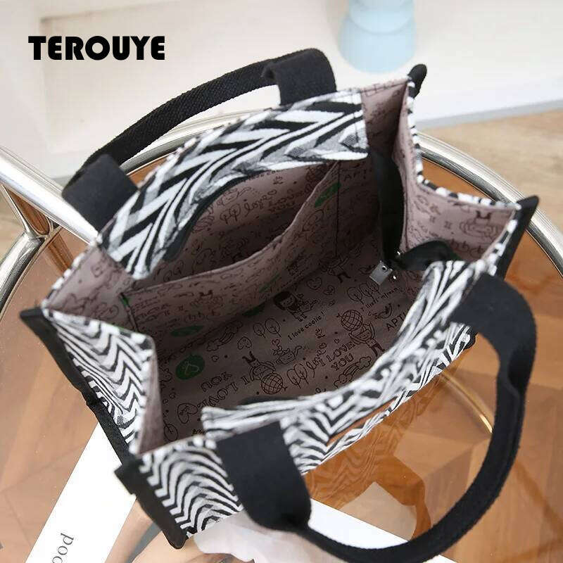 Chevron Pattern Canvas Tote Bag, Retro Letter Patch Decor Handbag, Women's Causal Shopper & Commuter Bag TEROUYE