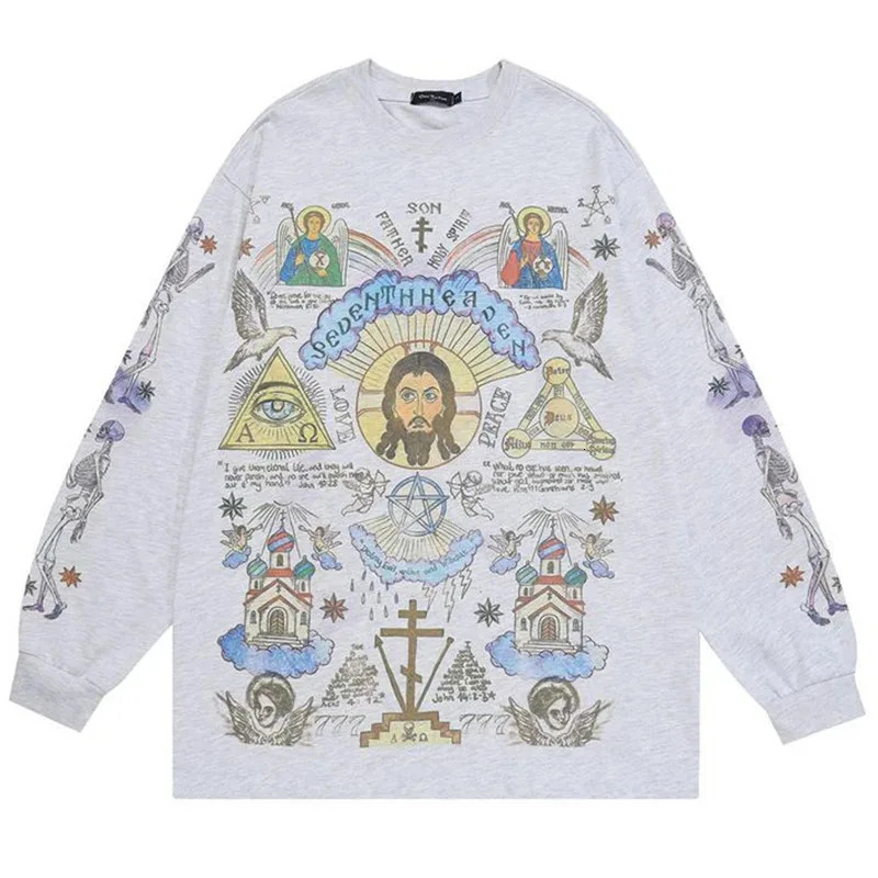 Men Retro Streetwear T Shirt Gods Graphic Hip Hop T-Shirt Cross Casual Tshirt Long Sleeve Cotton Tops Tees Unisex Hipster Beige 260304