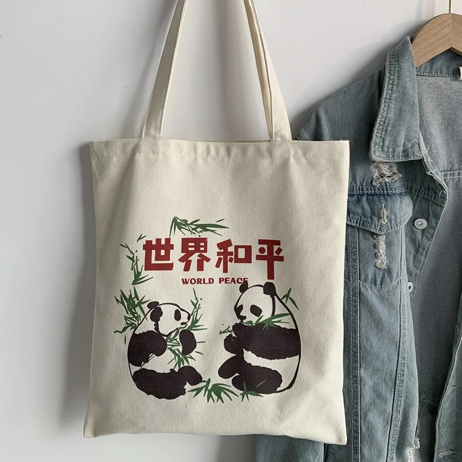 Womens Shoulder Bags Cartoon Panda Print Cute Kawaii Chinese Verstaile Canvas Large Capacity Portable Handbags For Girl 260307