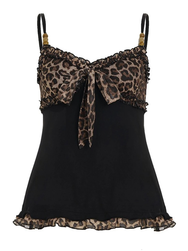 American sweet Y2k Leopard Camisole Women Retro Streetwear E-girl 90s Dark Gothic Sexy Patchwork Lace-up Crop Tank Top Femme 260306