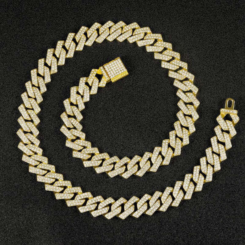 Source Manufacturer High-Quality 15MM Diamond Full Flip Hip-Hop Necklace Bracelet Cuban Chain
