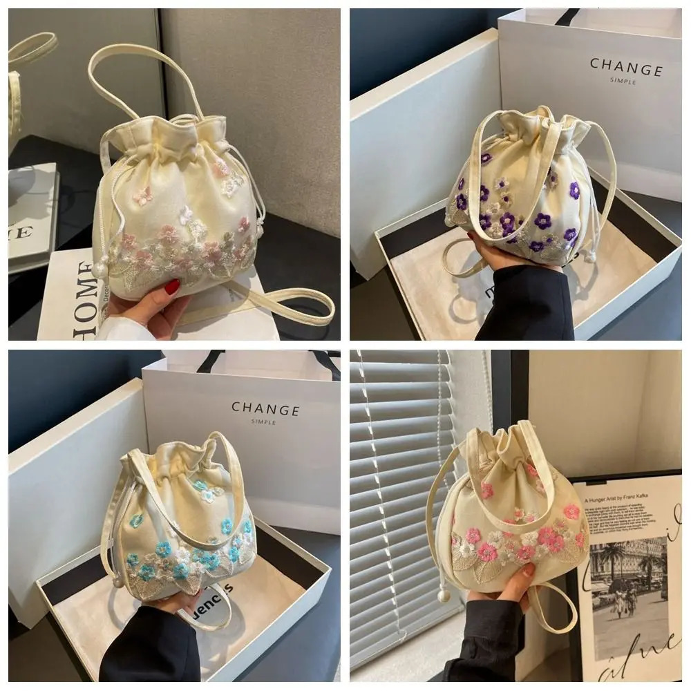 Ethnic Style Hanfu Drawstring Bag Chinese Crossbody Embroidery Flower Handbag Storage Ancient Floral Bucket 260307