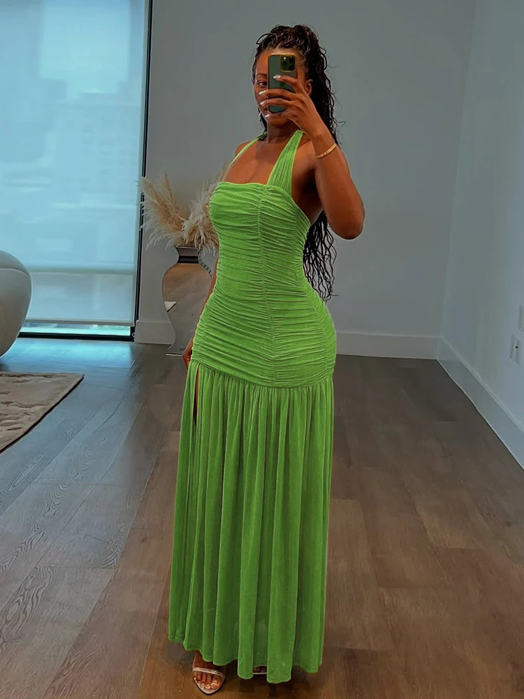 Nibber See Through Hem Dress Women Ruched Halter Summer Trend Sleeveless Backless Patchwork Midnight Clubwear Party Maxi Bodycon 260306