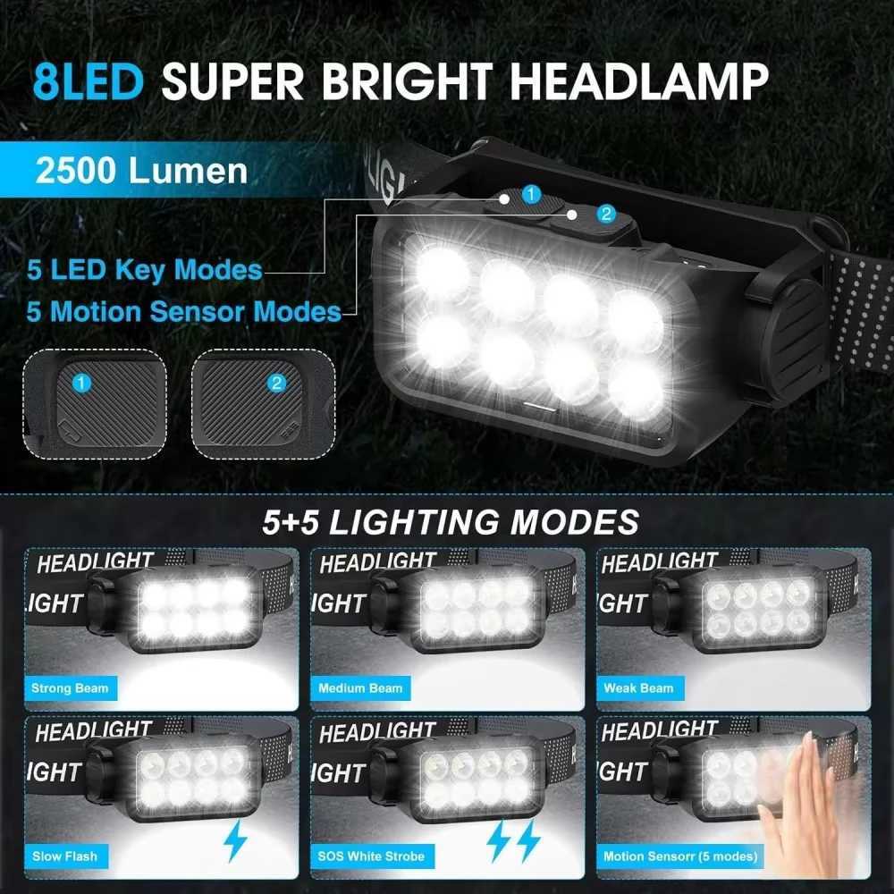 Motion Sensor Rechargeable Outdoor Headlamp 8 LED Ultra Bright Headlights Fishing Headlamp 5 Light Modes Flashlighs H260307