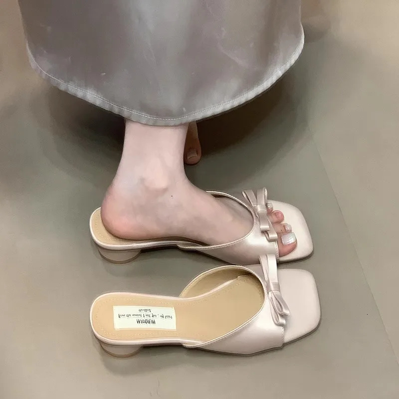 Slipper Mules Low High Heels Shoes Summer Street Look Females Square Head Open Toe Bow Strappy Sandals Women 260306